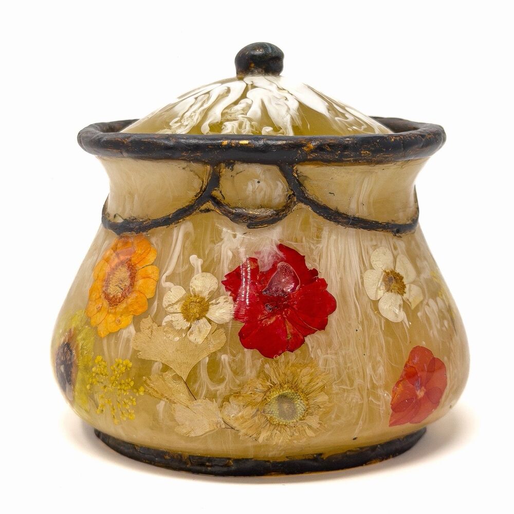 Vintage MCM Lucite Pressed Flower Lidded Jar Amber Acrylic Decor
